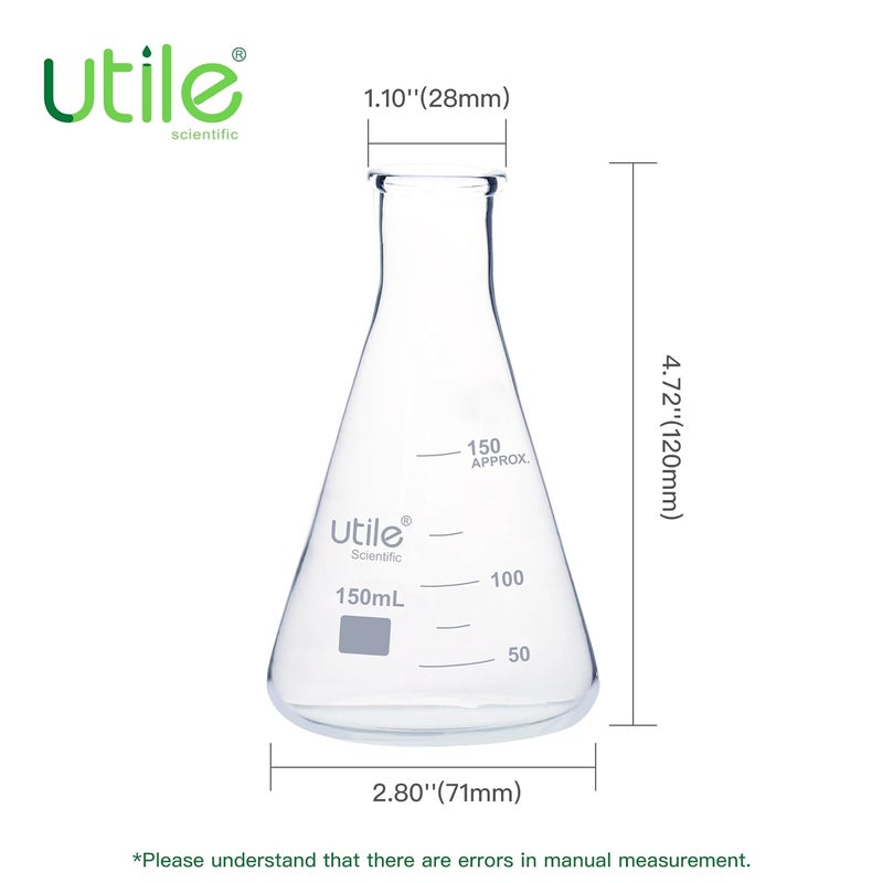 UTILE Erlenmeyer Glass Flask, 6pcs 150ml Glass Erlenmeyer Flask Set, Borosilicate 3.3 Glass Conical Flasks for Laboratory with Printed Graduation,4016.0150.6 - Image 2
